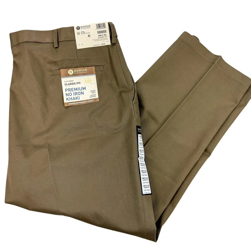 Haggar Pants Mens 44x30 Beige Premium No Iron Khaki Classic Fit Stretch NEW $70